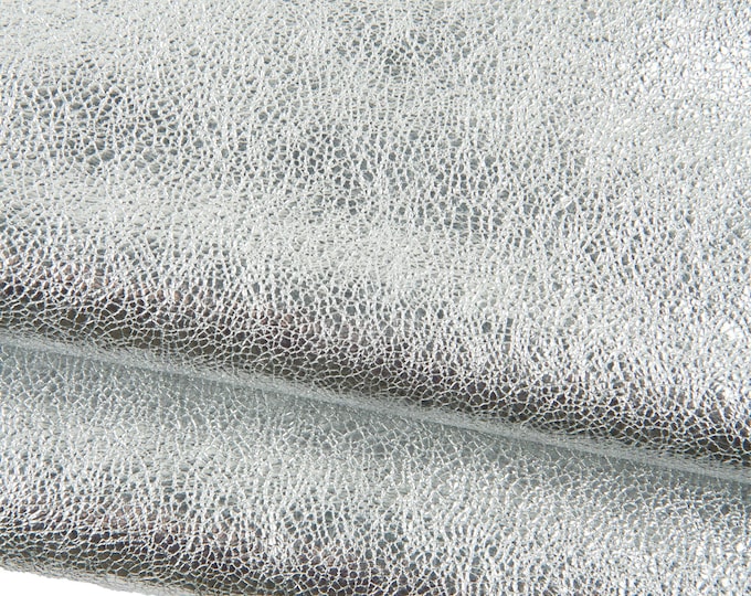 Silver METALLIC leather skin, CRACKLED soft goatskin, bright thick hide for diy projects   B18881-MT La Garzarara