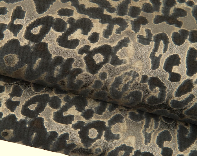 LEOPARD printed leather hide, steelmetal - light gold CHEETAH texture on black split suede cowhide - soft calfskin B18874-MT(st) LaGarzarara