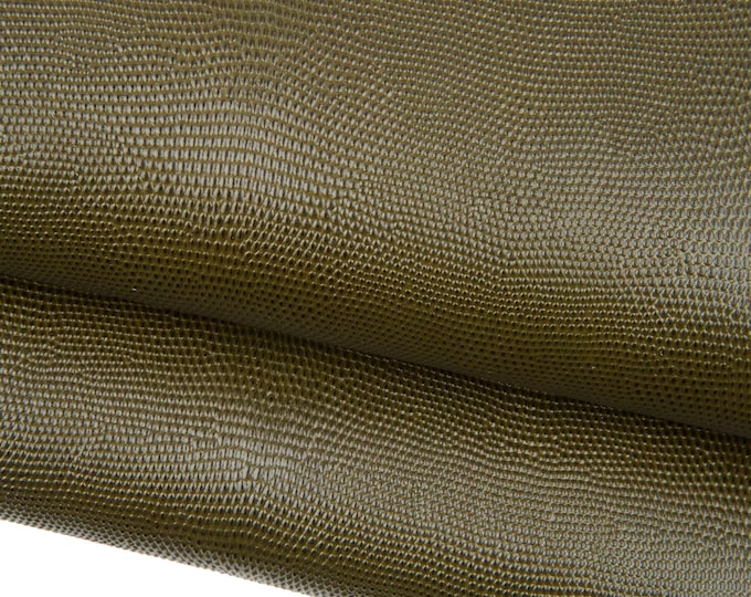 Military green LIZARD embossed cowhide, GLOSSY printed leather hide, soft material, ideal for bags, wallets, purses B18924-ST La Garzarara