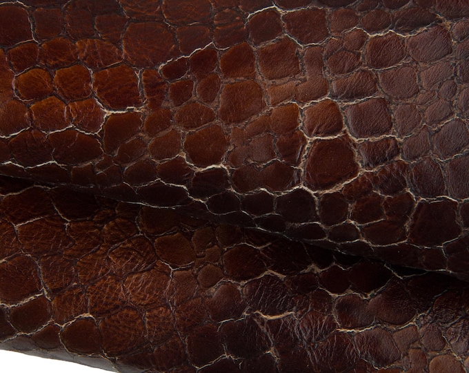 Brown CROCODILE printed leather hide, glossy embossed calfskin, ALLIGATOR textured cowhide for diy projects B19120-ST La Garzarara