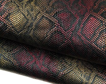 Gold - burgundy STRIPED PYTHON printed cowhide, snake embossed glossy leather skin, soft calfskin for crafting B18892-ST La Garzarara