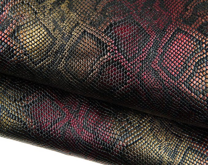 Gold - burgundy STRIPED PYTHON printed cowhide, snake embossed glossy leather skin, soft calfskin for crafting B18892-ST La Garzarara