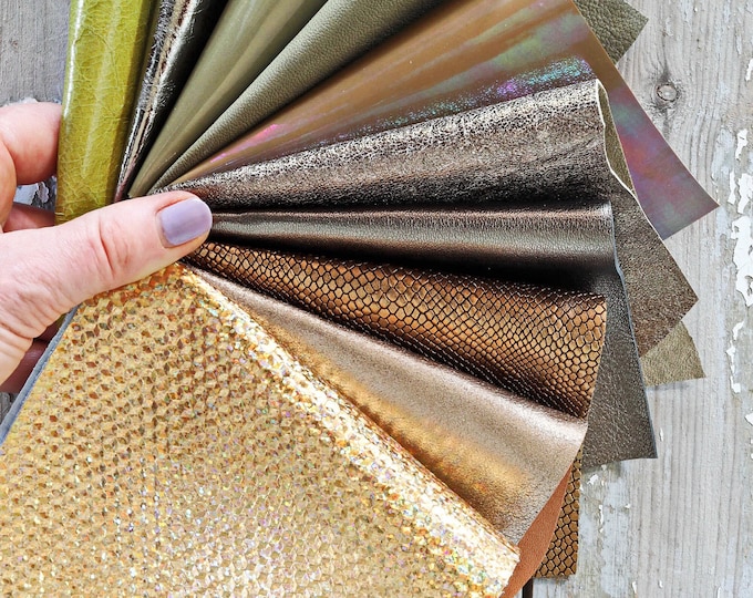 GOLD, BRONZE and GREEN leather scraps, metallic and not, smooth, solid tones, random assortment, grains various  0,7 lbs / 300 gr    B1524
