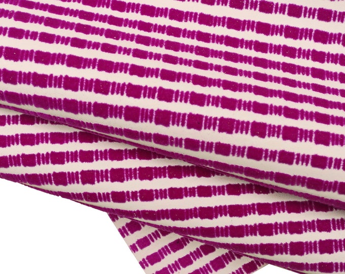 STRIPED print LEATHER hide, white purple printed cowhide, sporty geometrical line textured calfskin with flock B14819-ST