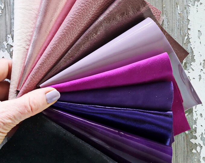 PINK and PURPLE leather scraps, metallic and not, smooth, solid tones, random assortment, grains various  0,7 lbs / 300 gr    B1523