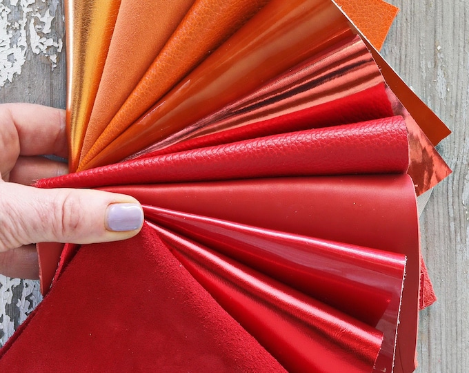 Leather Scraps Red Orange Random Assortment Metallic and Non Metallic Smooth and Textured Soft Offcuts 0.7 lbs 300 gr    B1519