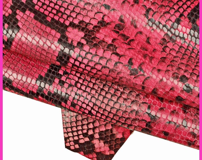 PINK PYTHON printed leather skin, fuchsia snake textured goatskin, glossy animal print reptile hide B15310-ST La Garzarara