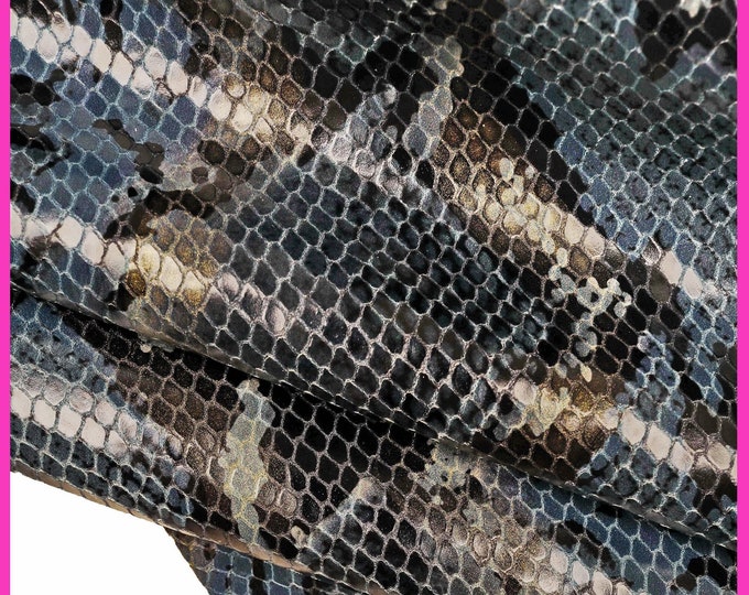 Blue black PYTHON TEXTURED leather hide, snake printed glossy calfskin, reptile print cowhide, medium softness B14851-ST La Garzarara