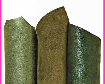 Boundle of GREEN goatskins, mix of 3 metallic, soft top quality leather skins, as per picture B16332-MT(ST) La Garzarara