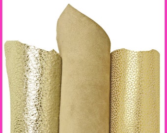 Set of 3 light GOLD beige leather hides, assortment of metallic printed suede matching goatskins as per picture B16293-MT(ST) La Garzarara