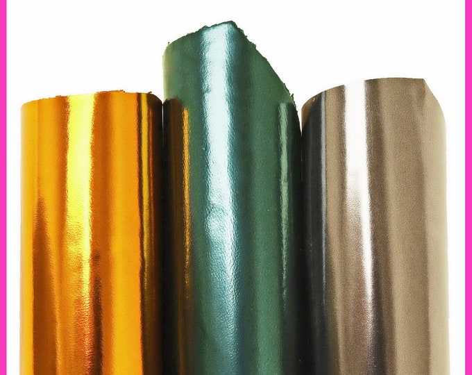 MIRROR metallic leather hide, steel, green and orange glossy smooth goatskin, quite stiff B16195-MT La Garzarara