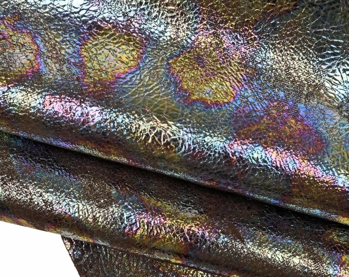 HOLOGRAPHIC METALLIC leather hide, camo printed suede effect iridescent calfskin, black grey brown glossy cowhide B14651-MT La Garzarara