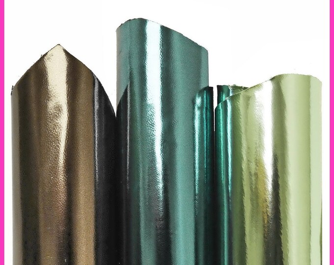 Mirror METALLIC leather hide, light green, petroleum blue and dark brown glossy smooth goatskin, quite stiff B16194-MT La Garzarara