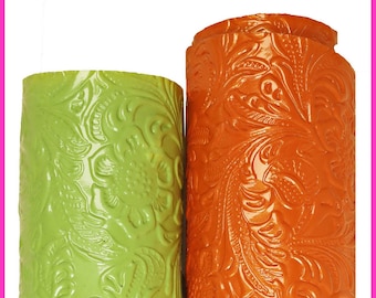 Floral embossed PATENT leather hide, green orange glossy cowhide, relief flower print on calfskin, medium softness B16261-ST La Garzarara