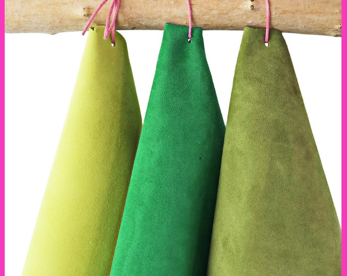 LOT of 3 green yellow suede leather skins, set of soft matching suede goatskins as per picture B14976-TU La Garzarara