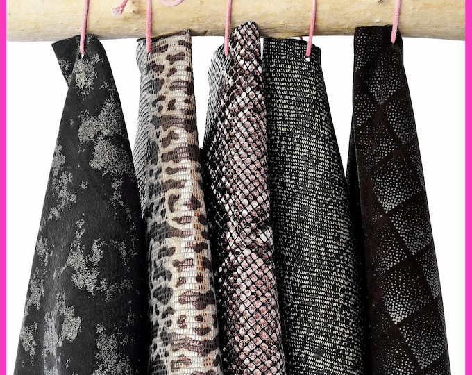 Pack of 5 METALLIC printed leather skins, lot of shiny soft goatskins in black, gold, gunmetal tones B15045-MT(st) La Garzarara