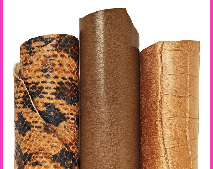 3 Coordinated Leather Bundle skins, gold tan Smooth and Printed Leather Hides, Ideal for Bags, Wallets, and DIY Projects B15958-ST Garzarara