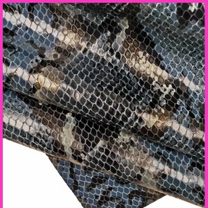Blue Black PYTHON TEXTURED Leather Hide, Snake Printed Glossy Calfskin ...
