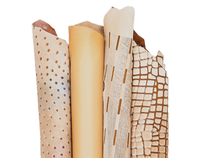 PACK of 4 matching beige brown leather skins, 3 printed hair on leather hides and 1 smooth calfskin B16594-CV La Garzarara
