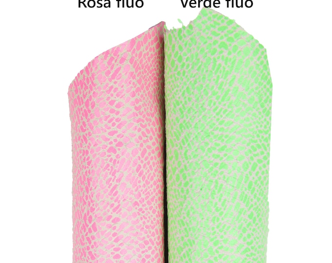 NEON CHEETAH printed leather skin, fluo pink - green textured snakeskin, glossy soft animal pattern on goatskin B18463-ST La Garzarara
