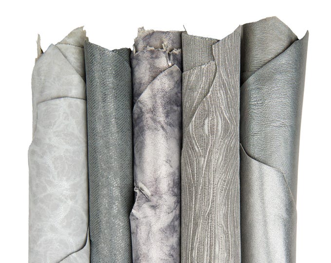 Lot of 5 skins grey silver steel, assortment of soft METALLIC leather skins as per pictures for crafters B18274-MT(ST)   La Garzarara