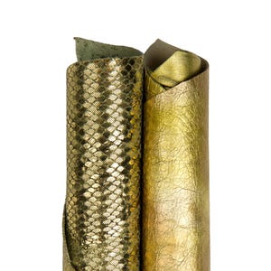 2 skóry w kolorze złotym i zielonym połączone jak na zdjęciu, LAMINOWANA skóra kozia i metaliczna skóra cielęca z nadrukiem PYTHON B18285-MT(st) La Garzarara