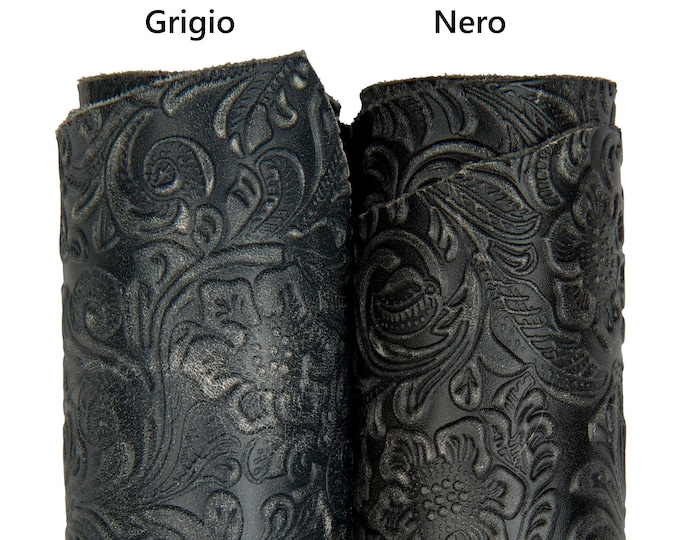 Floral embossed leather hide, grey/black aged distressed calfskin, vintage CHARRO printed BLEACHED cowhide   B17889-ST   La Garzarara