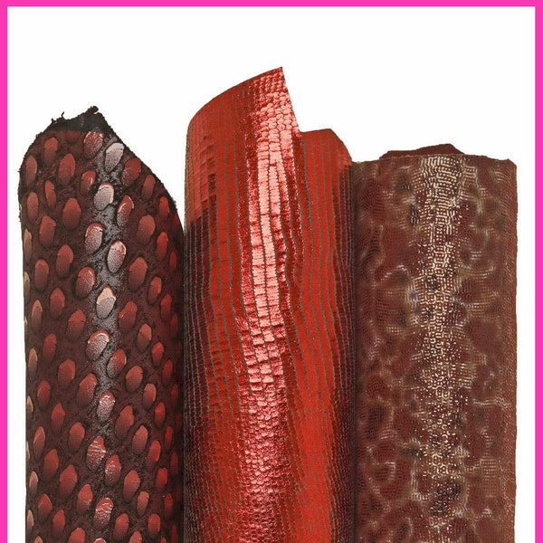 Boundle of 3 BURGUNDY red leather skins, mix of suede metallic textured matching goatskins as per picture B16305-MT(ST) La Garzarara