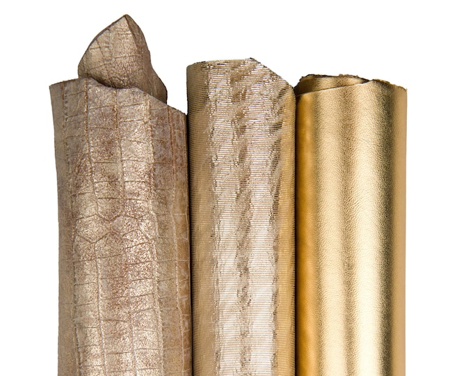 BUNDLE of 3 PLATINUM gold leather skins, soft metallic printed assorted goatskins, as per picture B18298-MT(st) La Garzarara