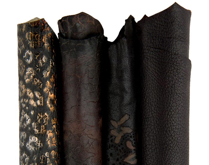 ASSORTMENT of 4 brown black leather skins, 2 sporty goatskins, 1 metallic leopard printed hide, 1 pierced hair on leather hide B17397-MT(ST)