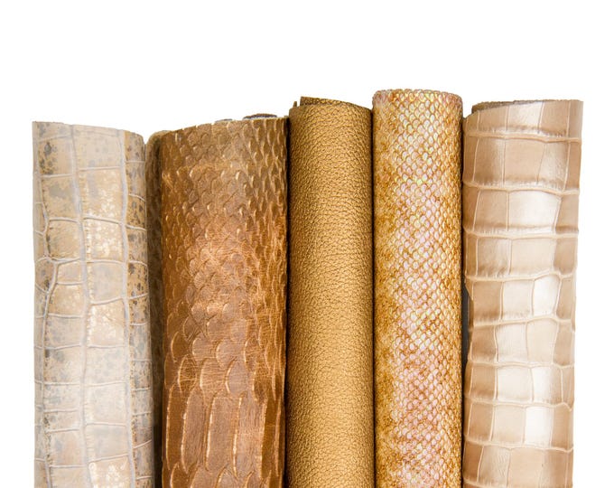 Bundle of 5 small leather skins, GOLD and PLATINUM metallic python / crocodile printed hides for diy projects B17620-ST La Garzarara