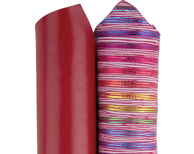 Bundle of 2 MATCHING skins, red smooth goatskin and iridescent metallic multicolor striped suede hide B17510-MT(ST) La Garzarara