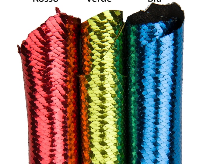 METALLIC PYTHON leather skins - red, green, blue reptile printed goatskin, glossy snakeskin hide for diy projects B18025-MT(st) La Garzarara