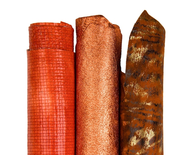 Bundle of 3 ORANGE,soft goatskins, assortment of metallic textured matching leather skins for crafters B18279-MT(ST)  La Garzarara