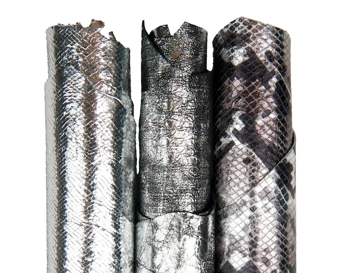 Bundle of 3 silver soft goatskins, assortment of metallic textured CRACKLE and PYTHON matching leather skins for crafters B18330-MT(st)