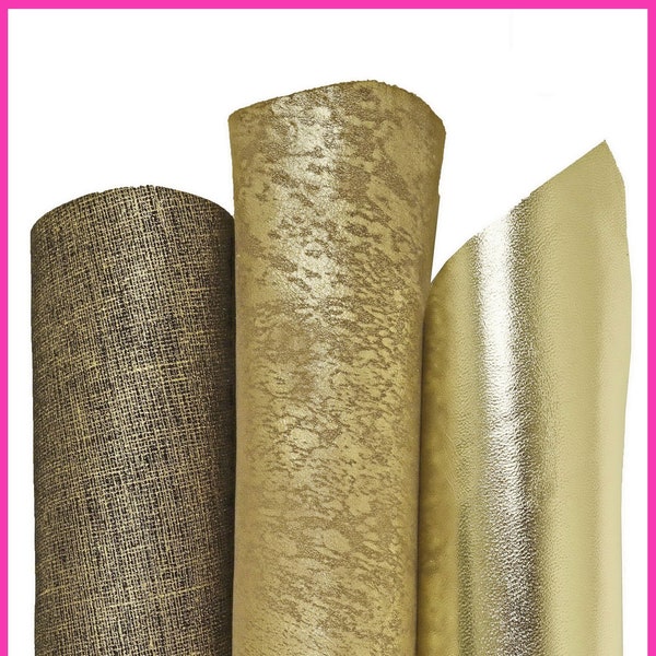 Boundle of 3 light GOLD beige leather skins, assortment od metallic printed matching goatskins as per picture B16292-MT(ST) La Garzarara