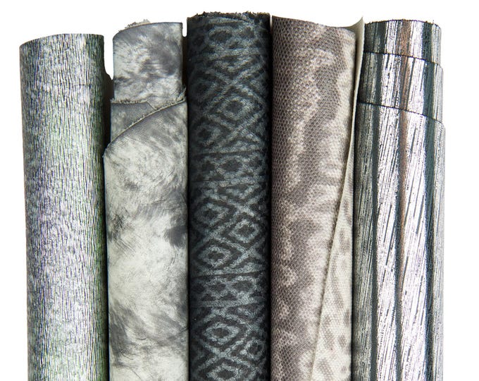Lot of 5 skins grey steel, assortment of soft METALLIC calfskins as per pictures for crafters B18281-MT(ST)  La Garzarara