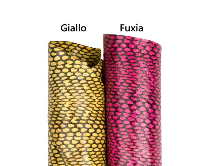 REPTILE printed leather skin, fuxia / yellow glossy SNAKE textured goatskin, soft snakeskin for diy projects B18266-ST La Garzarara
