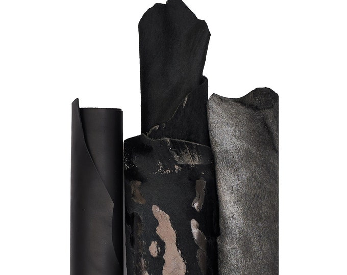 SET of 3 black steelmetal leather hides, assortment of 2 hair on leather hides and 1 smooth calfskin B16620-CV La Garzarara