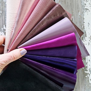Ritagli di pelle ROSA e VIOLA, selezione casuale, scampoli laminati e non, tinta unita, lisci,grana e morbidezze varie  300 gr B1523