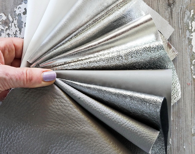 White & Silver Metallic Leather Scraps – Assorted 0.7 lbs, DIY Craft Supplies- silver offcuts renmants B1508 La Garzarara