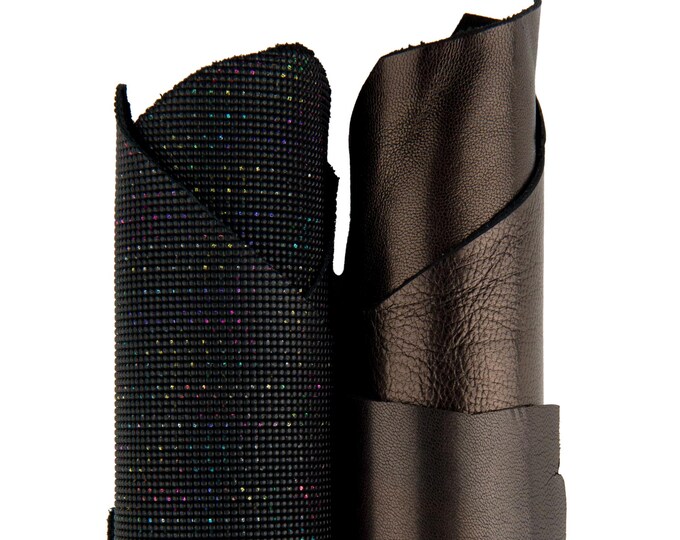 2 black COMBINATED leather skins for diy projects, smooth nappa sheepskin and printed goatskin B17535-TB La Garzarara