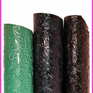 FLORAL embossed PATENT leather hide, green blue black glossy cowhide, relief flower print on calfskin B16262-ST La Garzarara