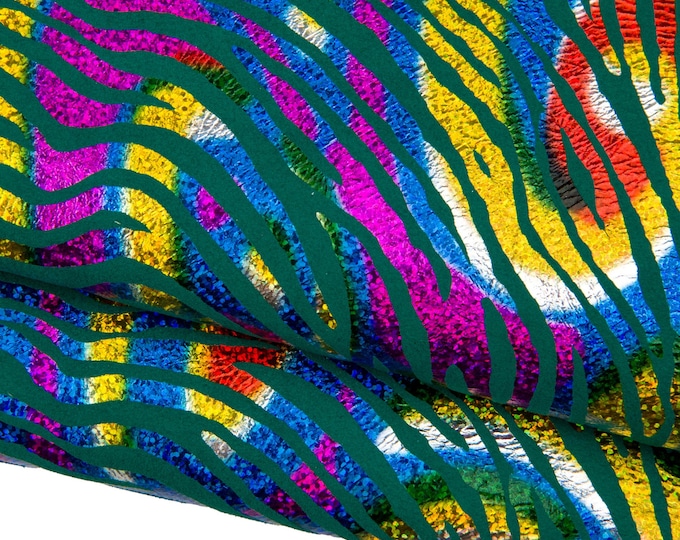 IRIDESCENT multicolor ZEBRA printed leather skin, colorful metallic animal print on green suede goatskin B14442-MT(st)   La Garzarara