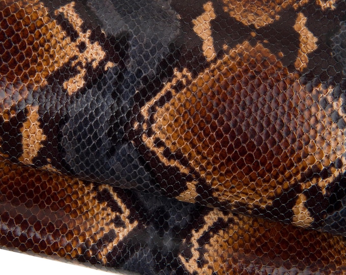 PYTHON printed leather hide, grey - brown - black REPTILE snake pattern on calfskin, glossy textured cowhide B18513-ST La Garzarara