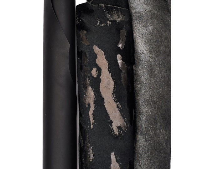 SET of 3 black steelmetal leather hides, assortment of 2 hair on leather hides and 1 smooth calfskin B16620-CV La Garzarara