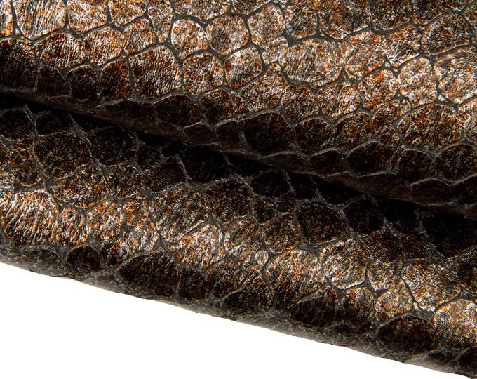 Brown CROCODILE embossed leather hide, glossy soft METALLIC calfskin, animal printed cowhide for crafting B18162-MT(st)