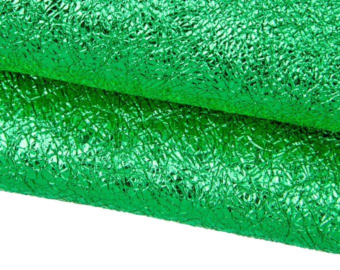 Green METALLIC leather skin, CRACKLED printed goatskin, super soft wrinkled hide B17660-MT La Garzarara