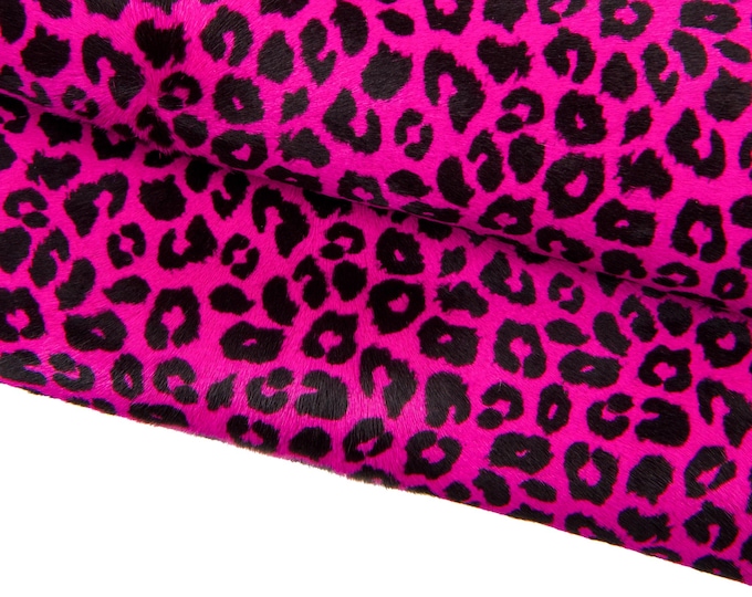 LEOPARD printed hair on leather hide, fuchsia - black cheetah textured PONY calfskin, cowhide for crafting  B18386-CV La Garzarara