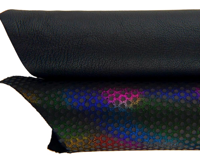 Black grain leather hide, holographic polka dot laminated skin, rainbow glossy fashion leather hide B17389-MT(ST) La Garzarara
